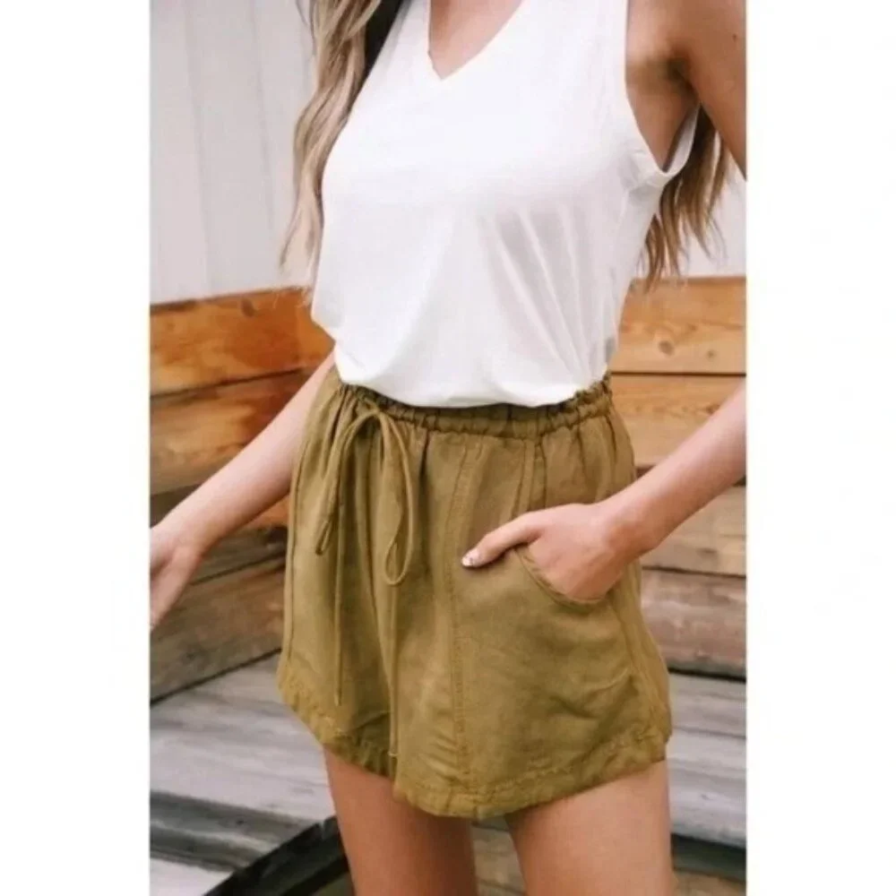 Free People Mirella Linen & Cotton Drawstring Shorts in Olive‎ Green Size S